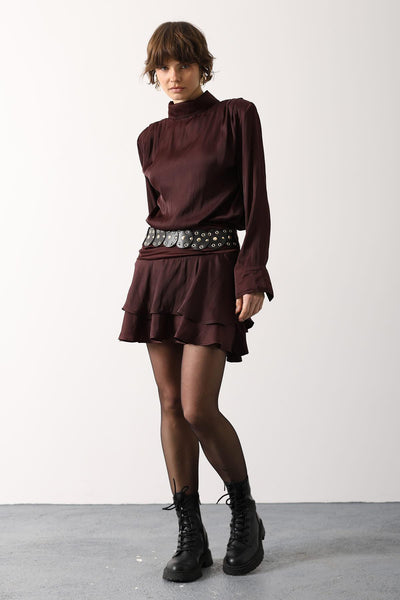 FUSTĂ MINI DIN SATIN CU CUREA LARGĂ - Bordo