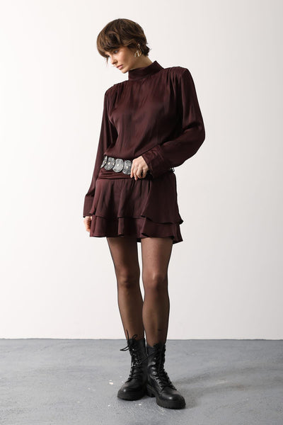 FUSTĂ MINI DIN SATIN CU CUREA LARGĂ - Bordo