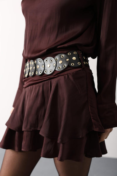 FUSTĂ MINI DIN SATIN CU CUREA LARGĂ - Bordo