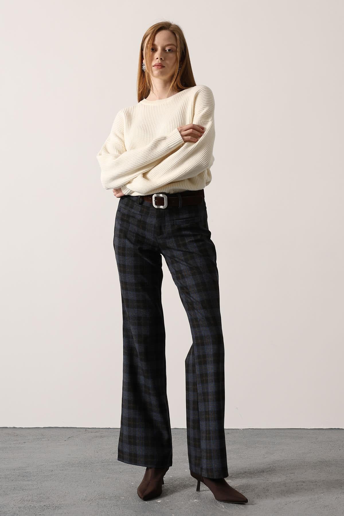 PANTALON CU DESEN ECOZAL ȘI CUREA - Bleumarin