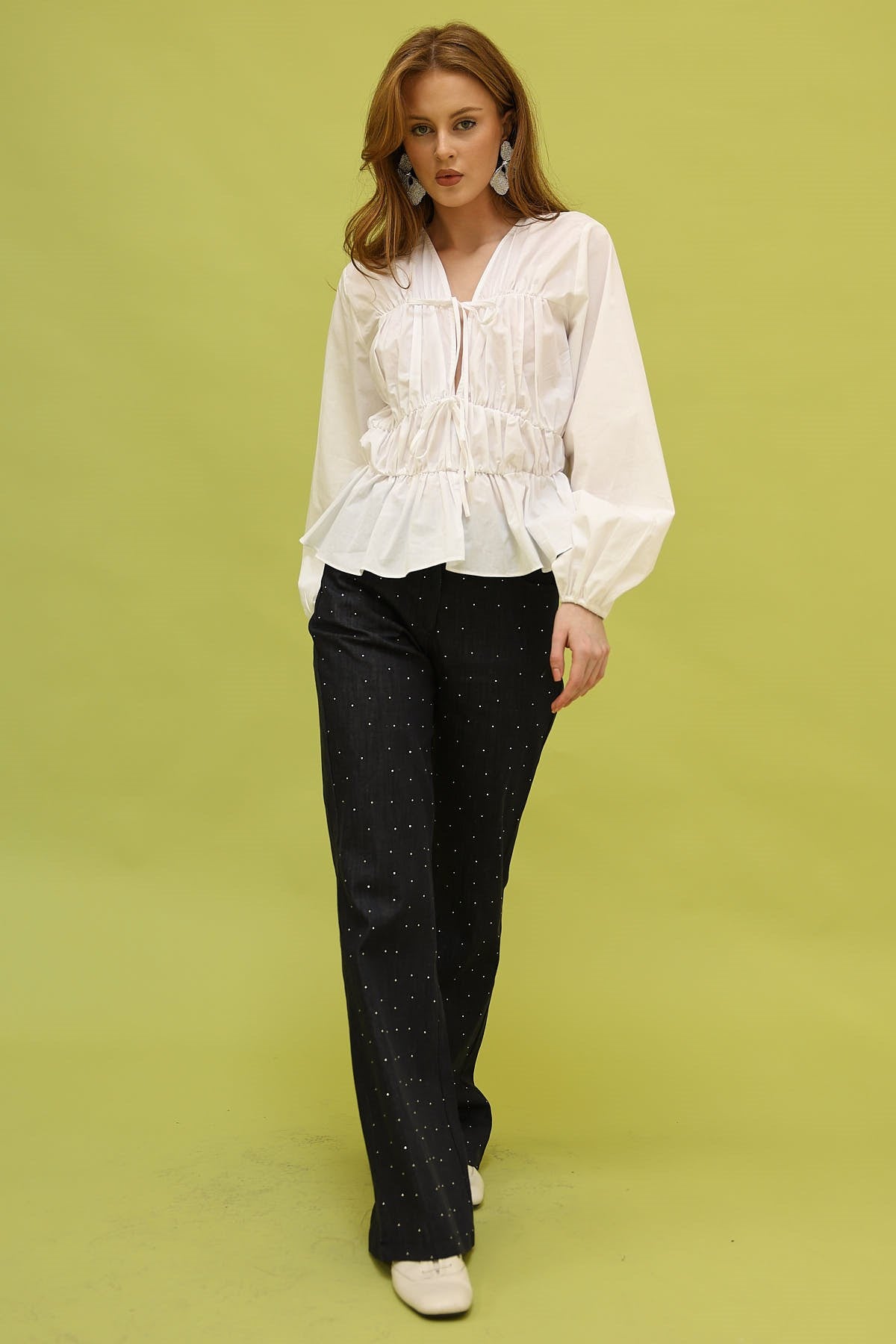 PANTALON DIN DENIM CU VOLANE - Bleumarin