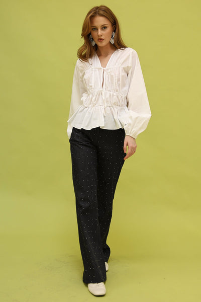 PANTALON DIN DENIM CU VOLANE - Bleumarin
