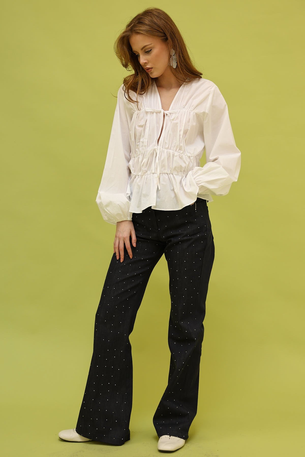 PANTALON DIN DENIM CU VOLANE - Bleumarin