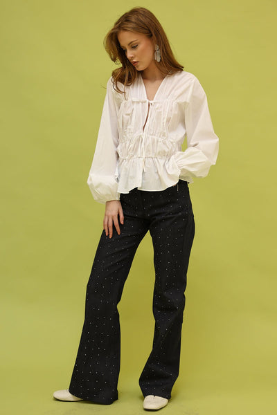 PANTALON DIN DENIM CU VOLANE - Bleumarin