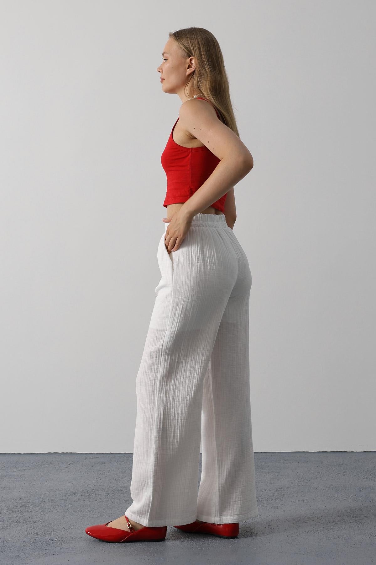 Yıkamalı Müslin Pantolon - Beyaz