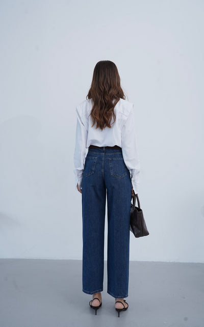 Yüksek Bel Kemer Detaylı Balon Kalıp Dark Blue Jean Pantolon