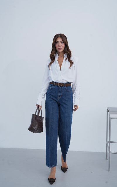 Yüksek Bel Kemer Detaylı Balon Kalıp Dark Blue Jean Pantolon