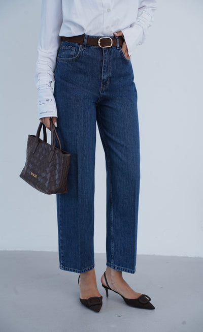 Yüksek Bel Kemer Detaylı Balon Kalıp Dark Blue Jean Pantolon