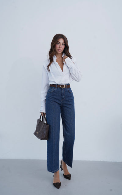 Yüksek Bel Kemer Detaylı Balon Kalıp Dark Blue Jean Pantolon
