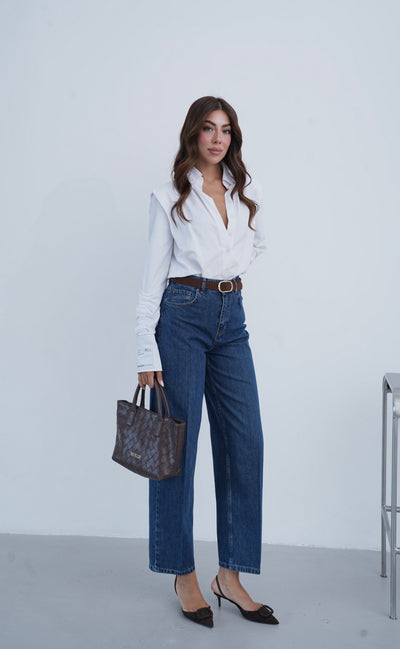 Yüksek Bel Kemer Detaylı Balon Kalıp Dark Blue Jean Pantolon