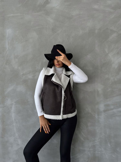 Wholesale Suet Collar Furred Vest - Anthracite Cream