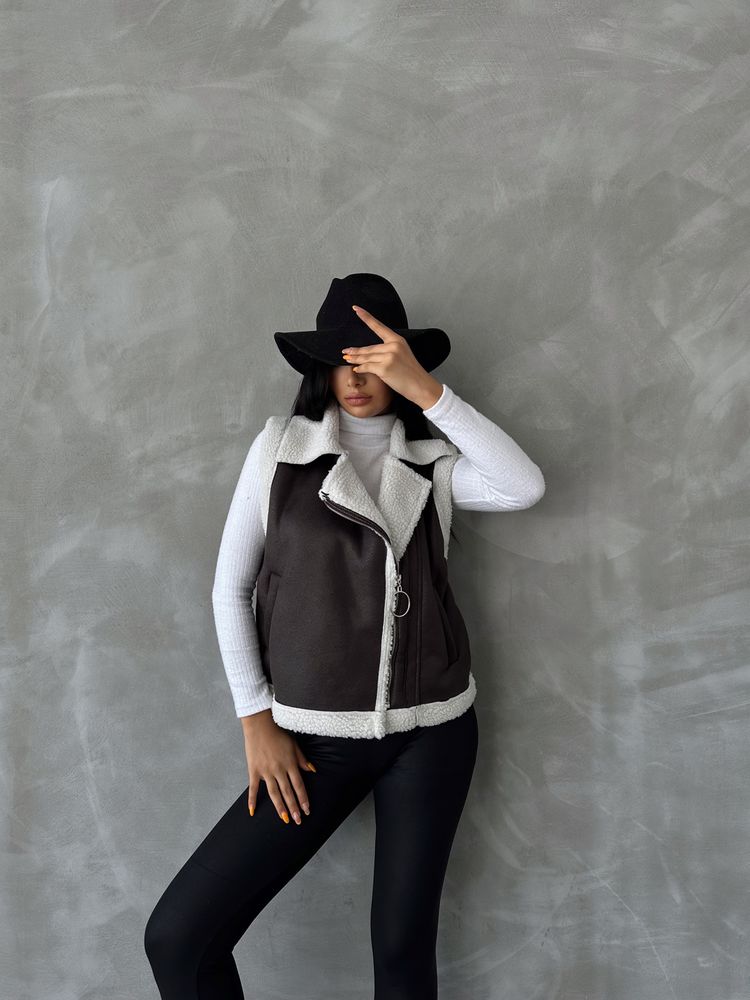 Wholesale Suet Collar Furred Vest - Anthracite Cream
