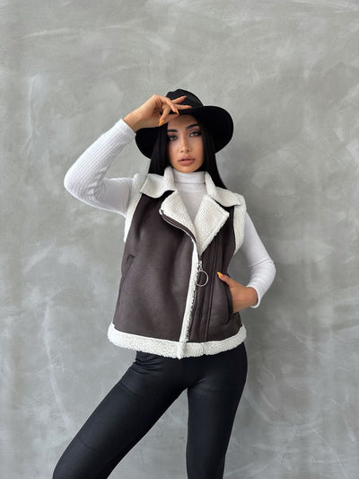 Wholesale Suet Collar Furred Vest - Anthracite Cream