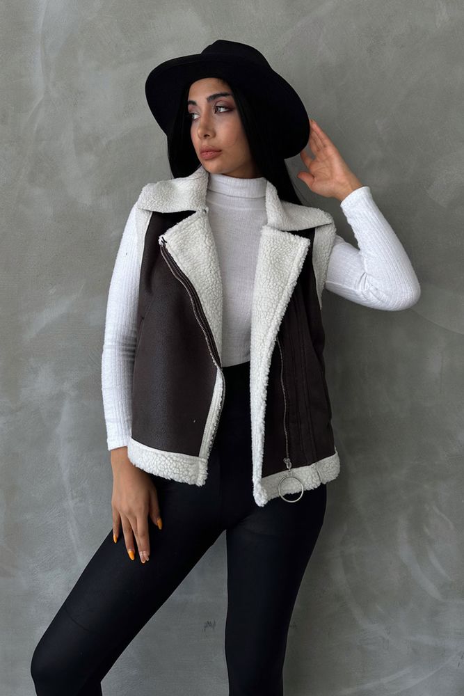 Wholesale Suet Collar Furred Vest - Anthracite Cream