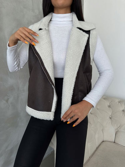 Wholesale Suet Collar Furred Vest - Anthracite Cream