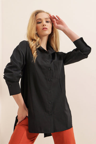 3952 Cămașă Boyfriend cu Nasturi pe Spate - Neagră