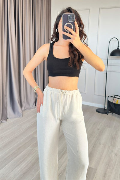 Pantaloni de Gros din In Taupe cu Legătură la Talie