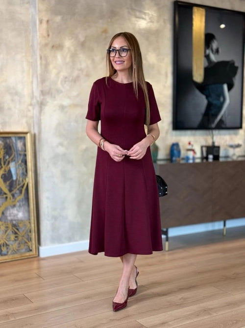 Rochie midi din viscoză cu două fire, cu mânecă scurtă și guler rotund, pentru femei, 24706