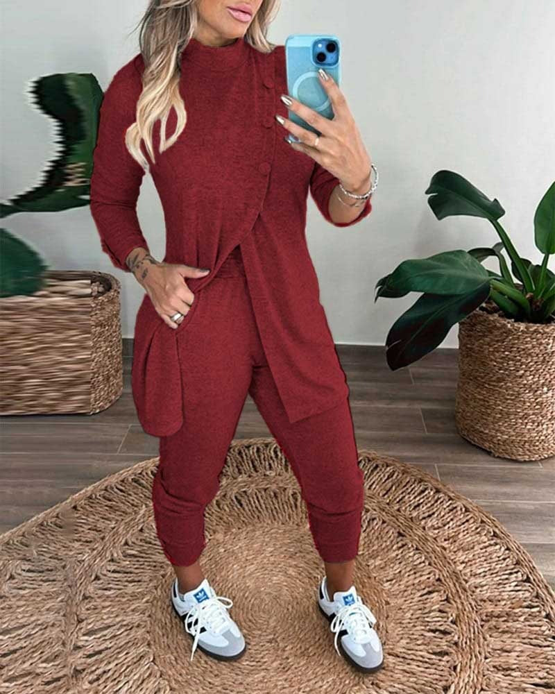 Set pufos din două piese, bluză cu mânecă lungă, guler înalt, cu nasturi în față și pantaloni, pentru femei, 20332