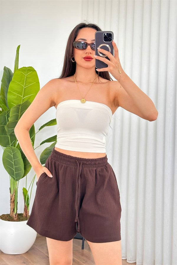 Pantalon Scurt Muselină cu Buzunare Maro Marfă Model Scurt