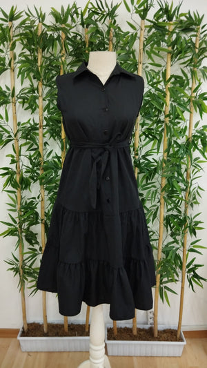 Rochie midi pentru femei, cu mânecă scurtă, guler cămașă, nasturi și curea, din material țesut în straturi, 17152
