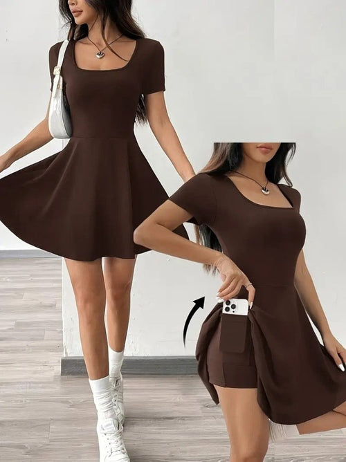 Rochie de damă din material scuba cu mânecă scurtă, decolteu pătrat și detalii scurte, cu buzunare, 25591