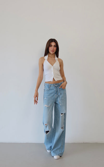 Pantaloni Jean Baggy Light Blue cu Talie Înaltă, Tăiere Laser și Buzunar Spate Unic