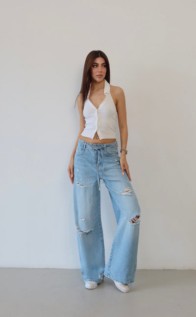 Pantaloni Jean Baggy Light Blue cu Talie Înaltă, Tăiere Laser și Buzunar Spate Unic
