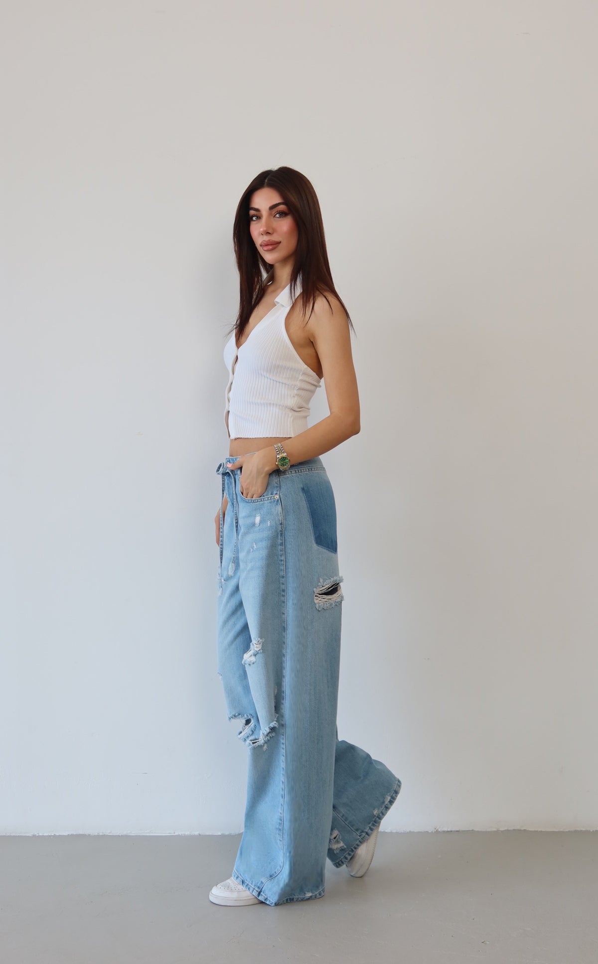 Pantaloni Jean Baggy Light Blue cu Talie Înaltă, Tăiere Laser și Buzunar Spate Unic