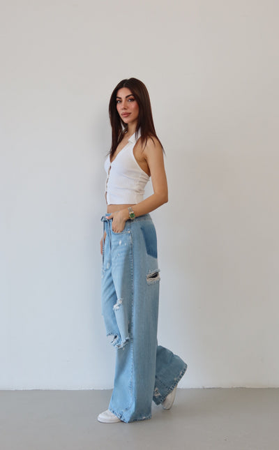 Pantaloni Jean Baggy Light Blue cu Talie Înaltă, Tăiere Laser și Buzunar Spate Unic
