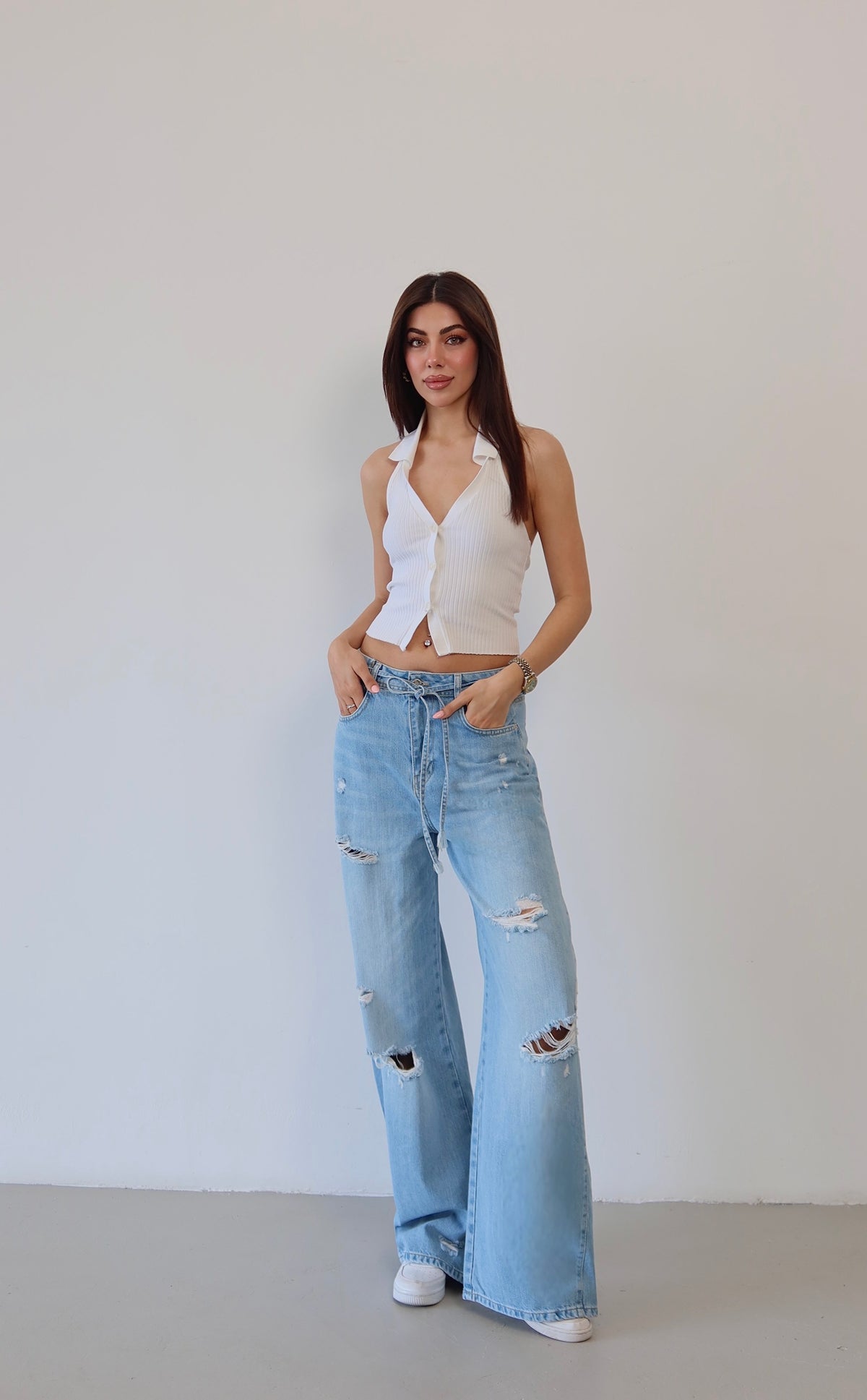 Pantaloni Jean Baggy Light Blue cu Talie Înaltă, Tăiere Laser și Buzunar Spate Unic