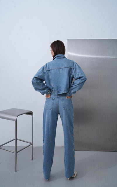 Yüksek Bel Baggy Kalıp Taşları Çakım Detaylı Bej Tint Jean Pantolon