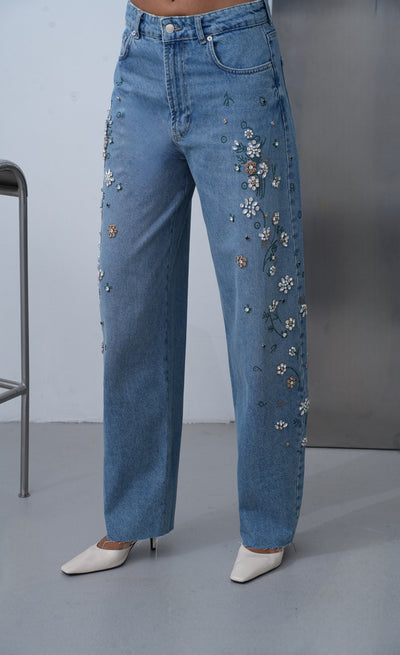 Yüksek Bel Baggy Kalıp Taşları Çakım Detaylı Bej Tint Jean Pantolon