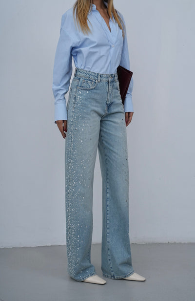 Yüksek Bel Baggy Kalıp Yandan Taş Detaylı Light Blue Tint Jean Pantolon