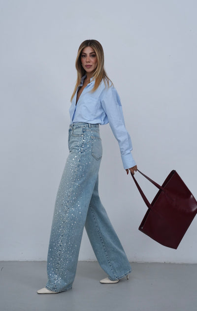 Yüksek Bel Baggy Kalıp Yandan Taş Detaylı Light Blue Tint Jean Pantolon