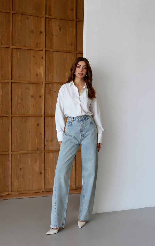 Yüksek Bel Baloon Kalıp Halka Taş Detaylı Light Blue Tint Jean Pantolon