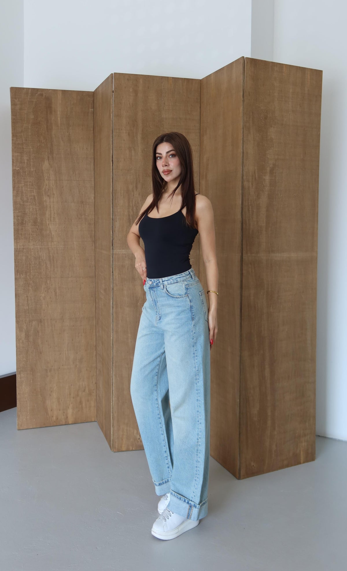 Normal Bel Baggy Foldup Kalıp Paça Katlama Detaylı Yeşil Tint Jean Pantolon