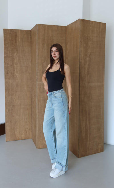 Normal Bel Baggy Foldup Kalıp Paça Katlama Detaylı Yeşil Tint Jean Pantolon