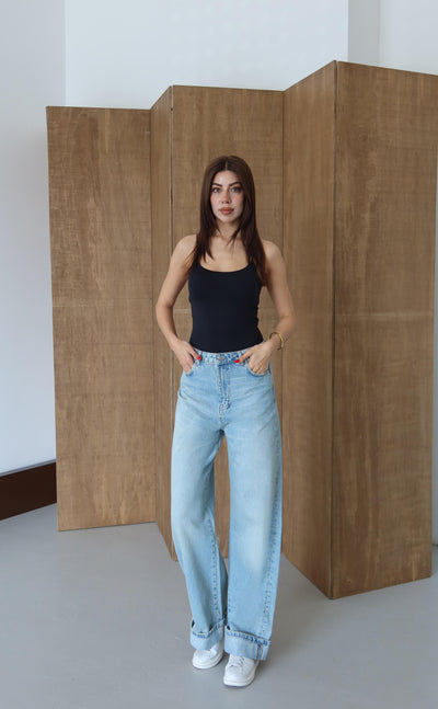 Normal Bel Baggy Foldup Kalıp Paça Katlama Detaylı Yeşil Tint Jean Pantolon