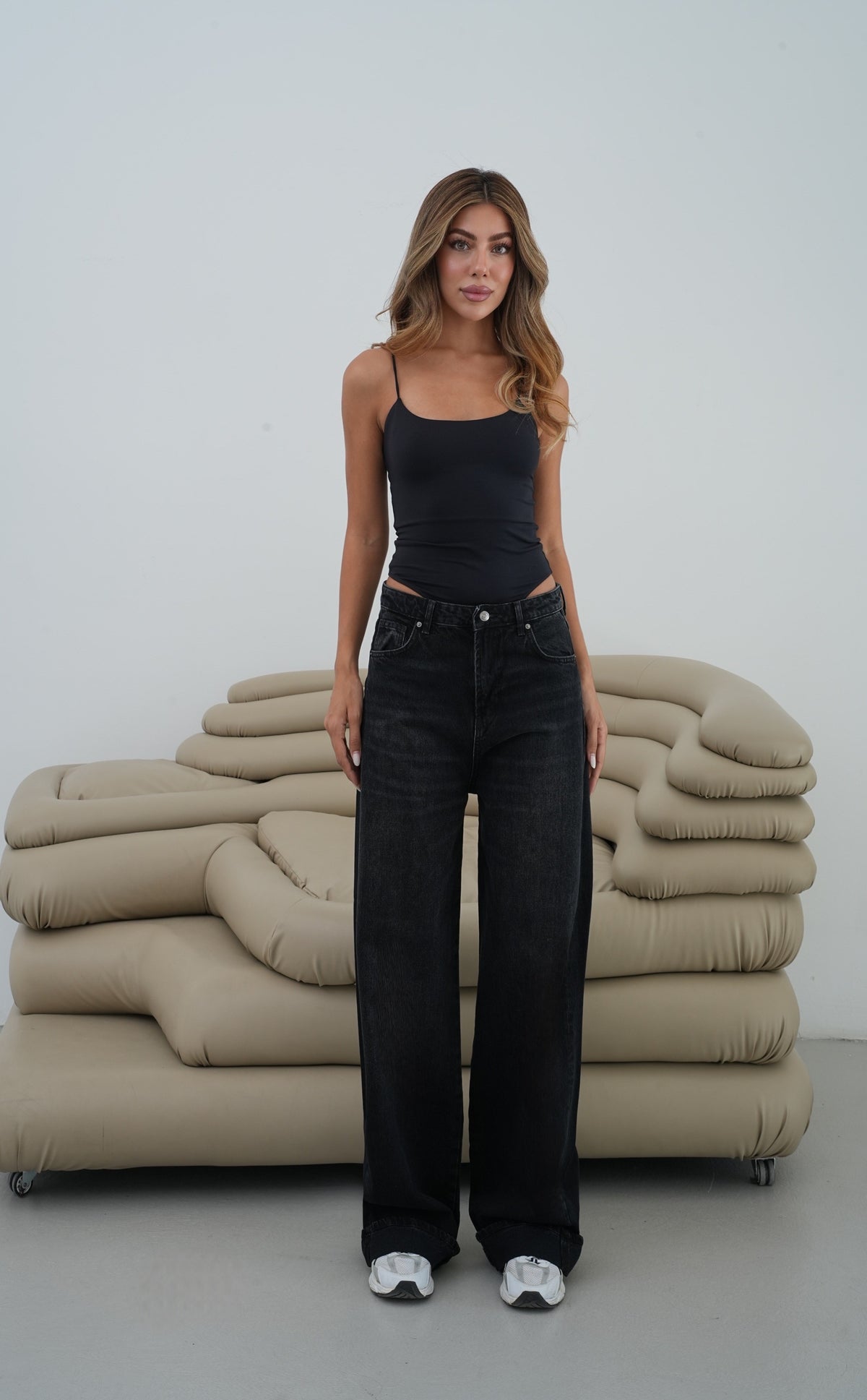 Düşük Bel Baggy Foldup Kalıp Paça Katlama Detaylı kadın Black Jean Pantolon