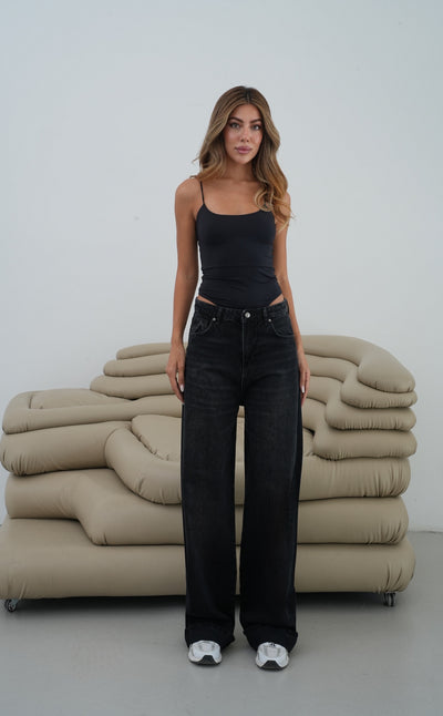 Düşük Bel Baggy Foldup Kalıp Paça Katlama Detaylı kadın Black Jean Pantolon