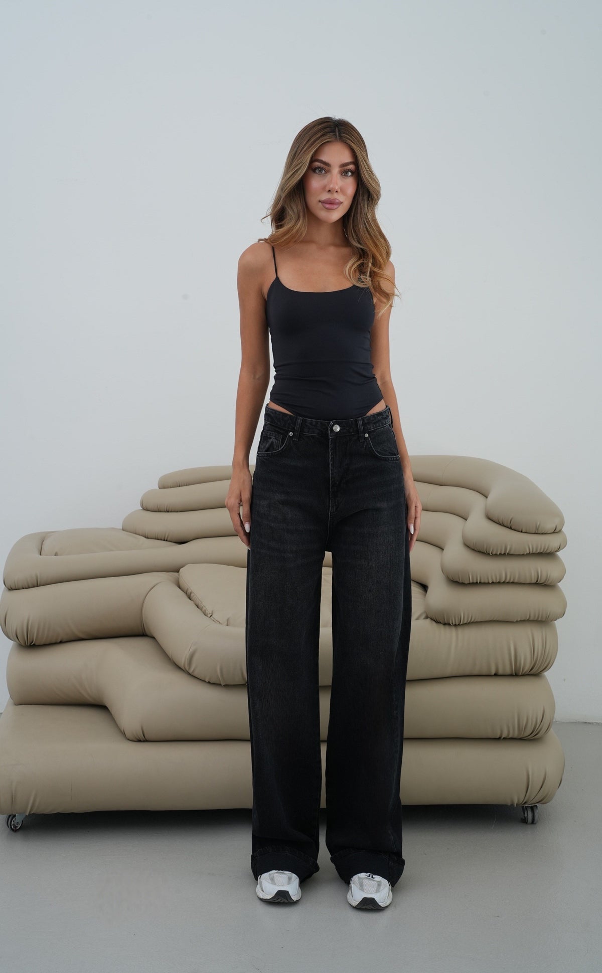 Düşük Bel Baggy Foldup Kalıp Paça Katlama Detaylı kadın Black Jean Pantolon