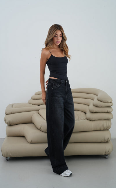Düşük Bel Baggy Foldup Kalıp Paça Katlama Detaylı kadın Black Jean Pantolon