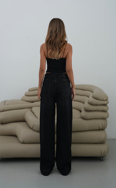 Düşük Bel Baggy Foldup Kalıp Paça Katlama Detaylı kadın Black Jean Pantolon