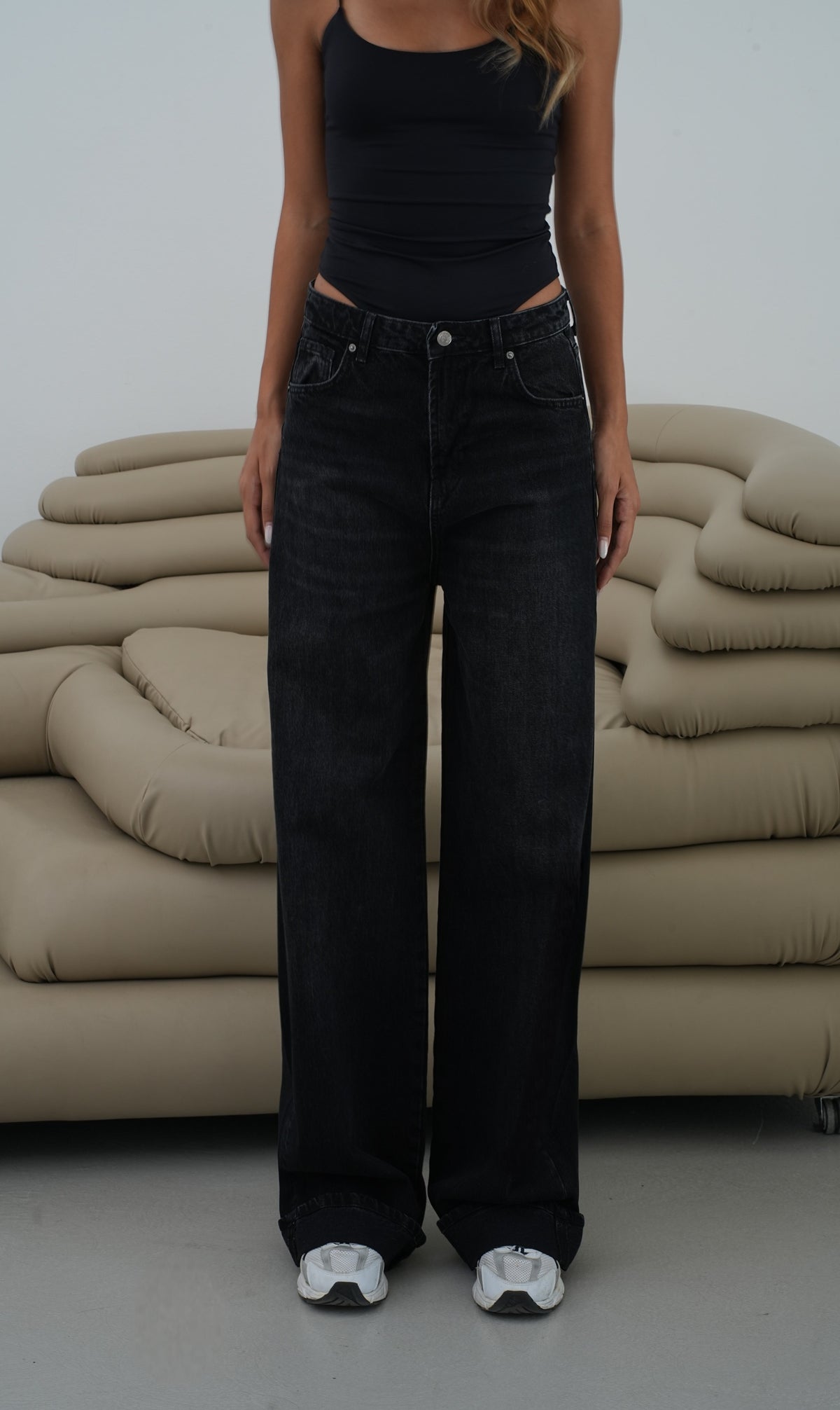 Düşük Bel Baggy Foldup Kalıp Paça Katlama Detaylı kadın Black Jean Pantolon