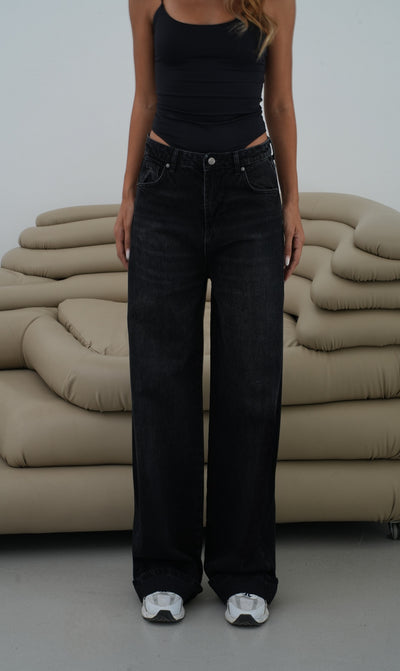 Düşük Bel Baggy Foldup Kalıp Paça Katlama Detaylı kadın Black Jean Pantolon