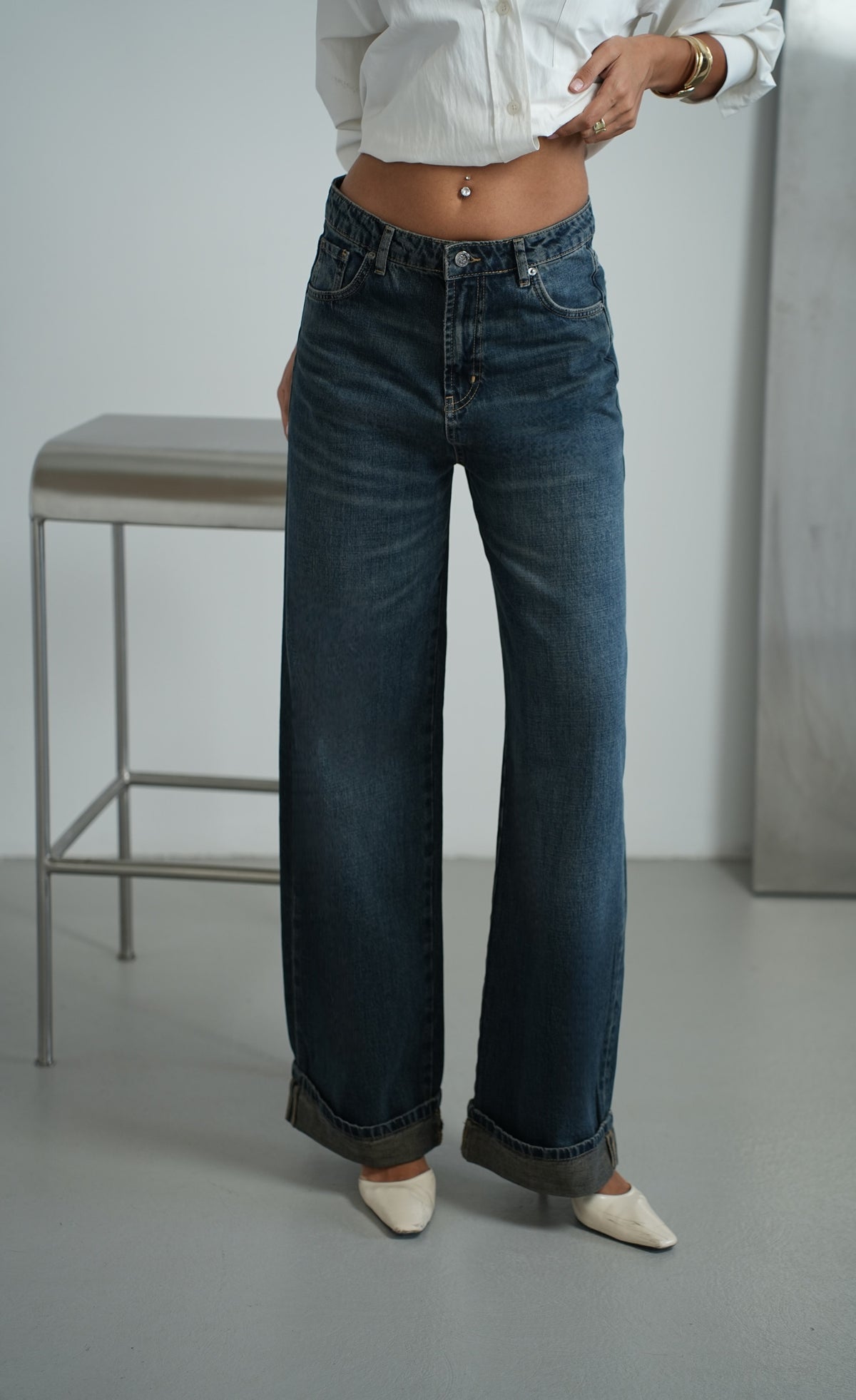 Normal Bel Baggy Foldup Kalıp Paça Katlama Detaylı kadın Kahve Tint Jean Pantolon