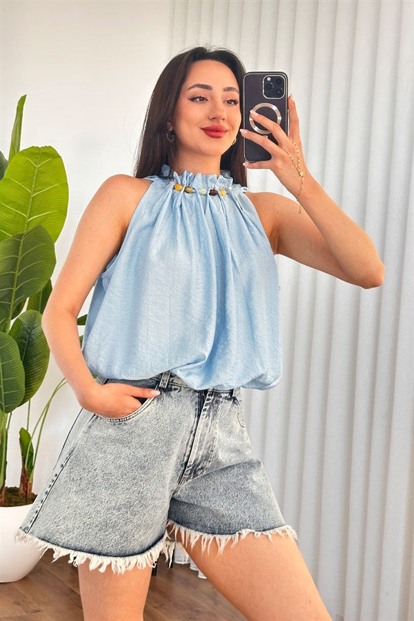 Bluza de Toptan Model Balon cu Perle la Guler Albastru Bebe