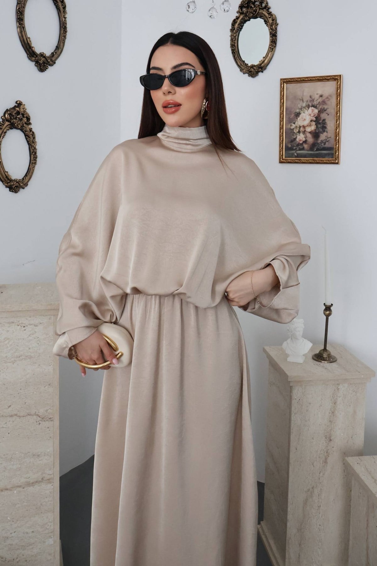 Rochie bej din satin jacquard