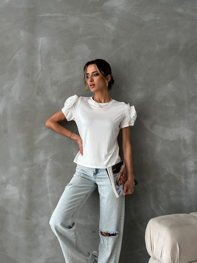 Topshow Beyaz Omuzları Güllü Toptan T Shirt